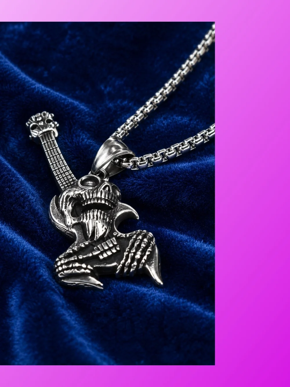 Men's Silver Skull Guitar Pendant Necklace